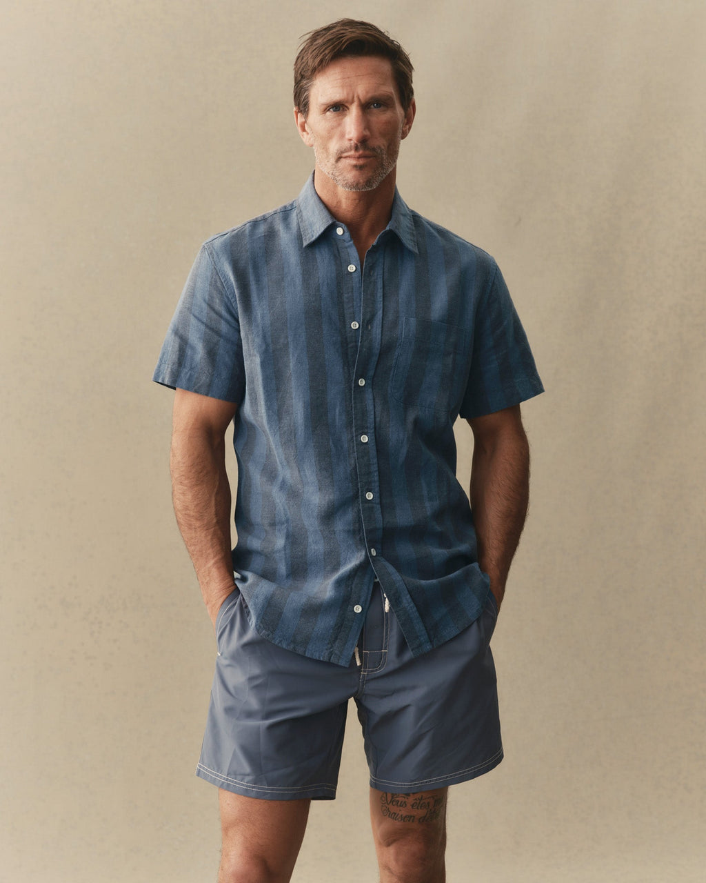 The Short Sleeve California in Blue Stone Stripe Hemp