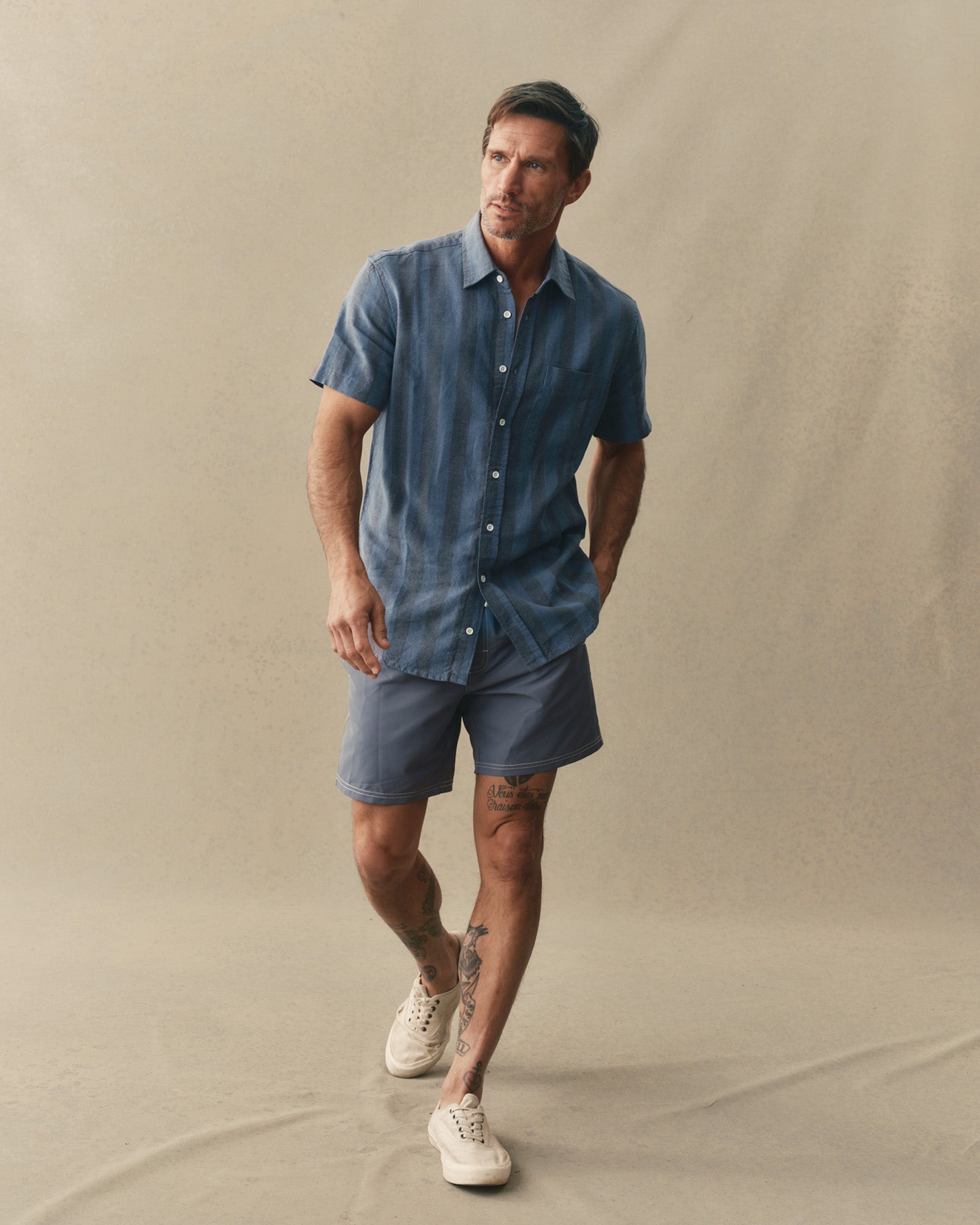 The Short Sleeve California in Blue Stone Stripe Hemp