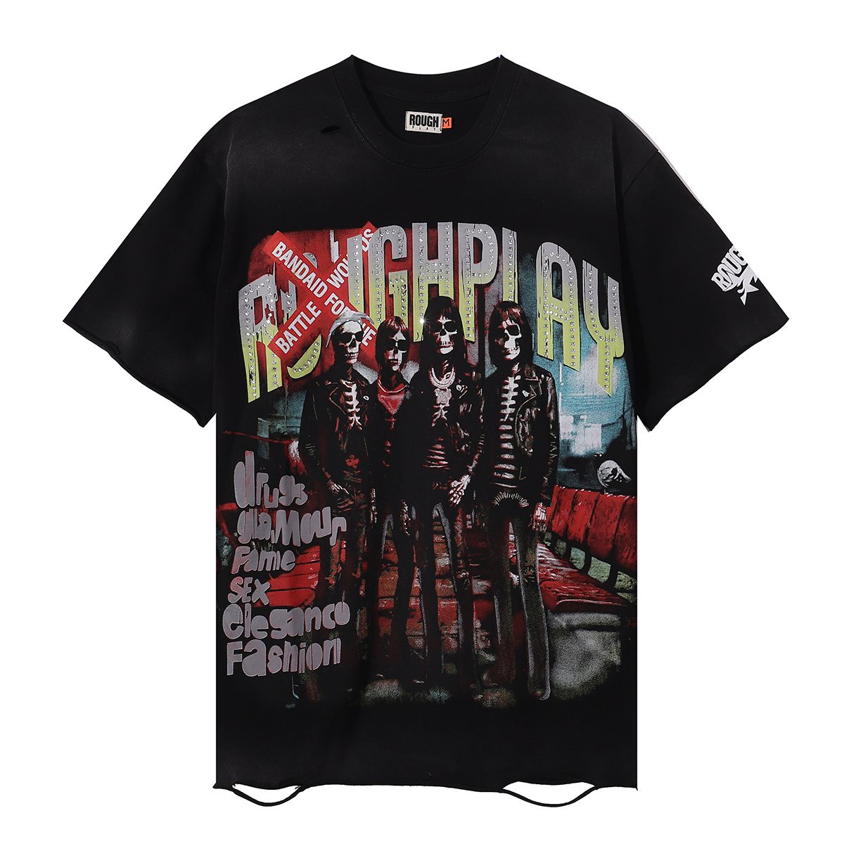Rough Play Skeleton Rhinestone Distressed T-Shirt