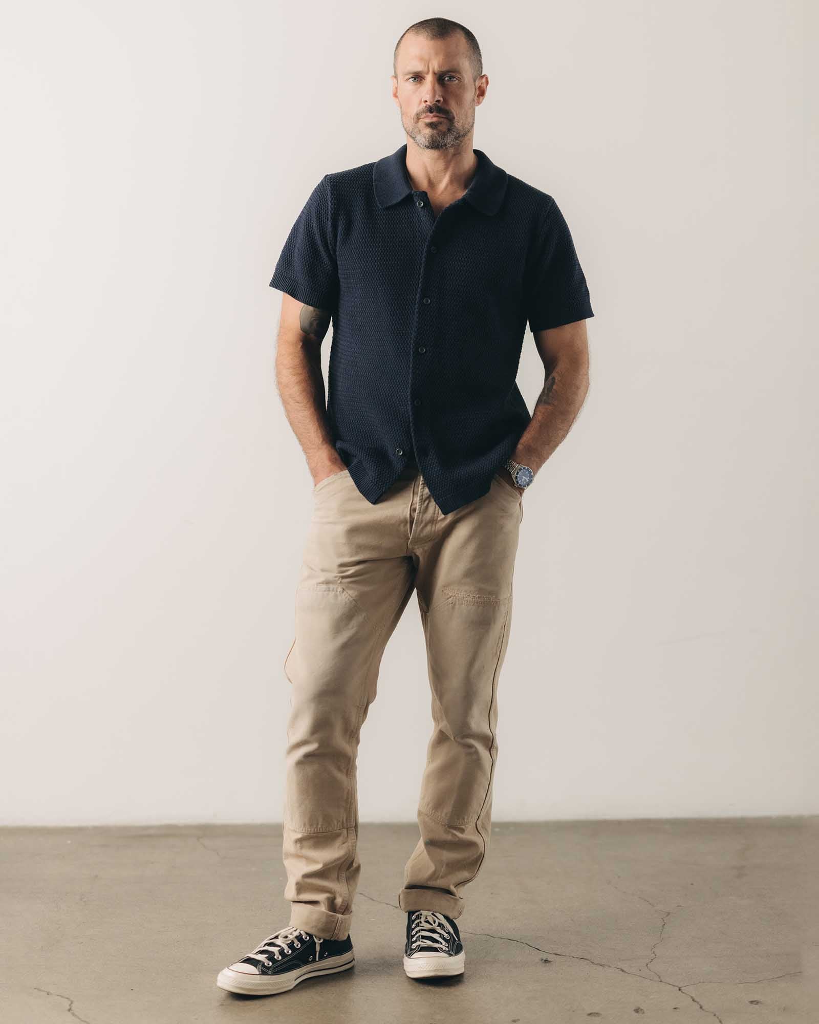 Dark Navy Crochet Button Down Polo V1569