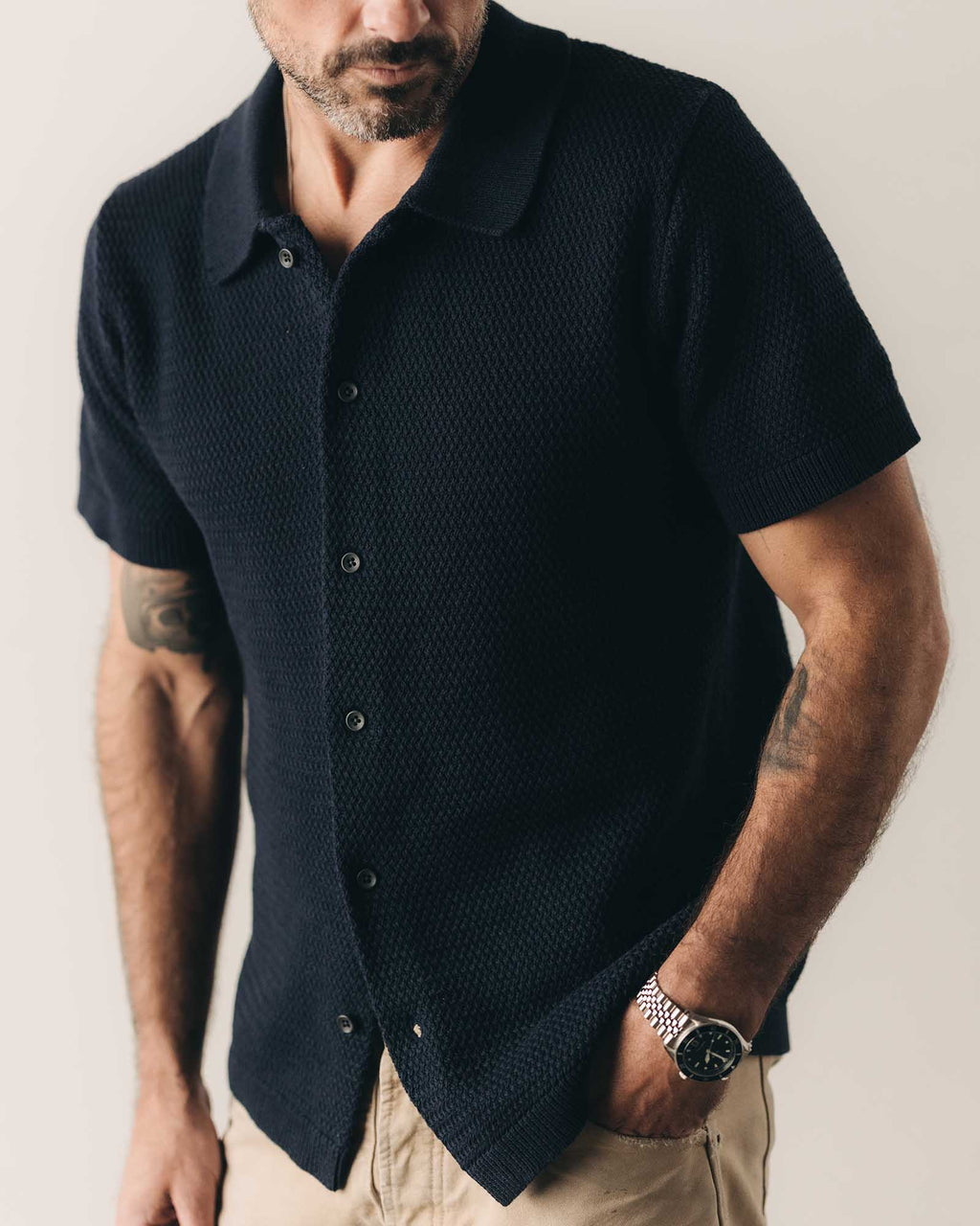 Dark Navy Crochet Button Down Polo V1569