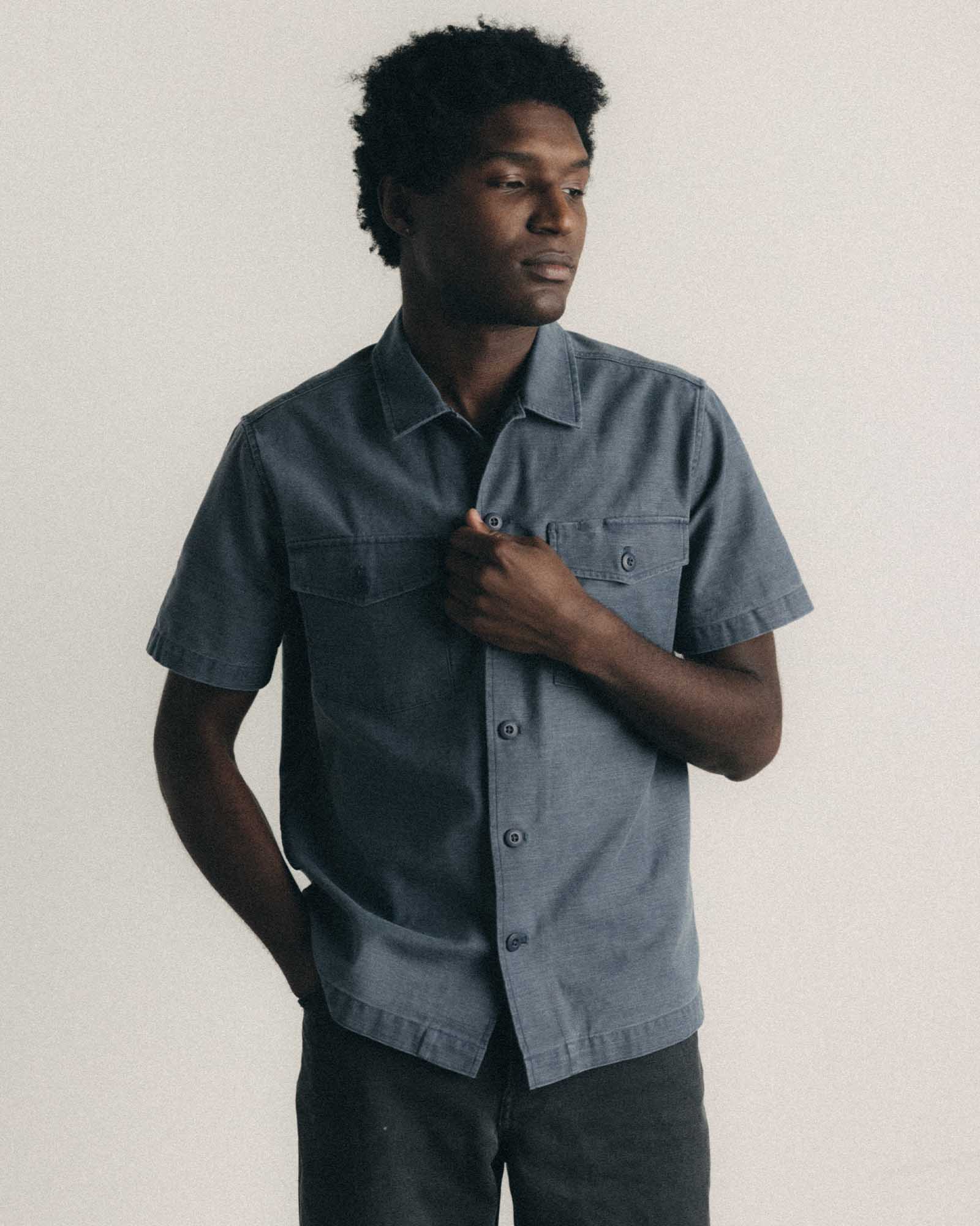 The Short Sleeve Surplus Shirt in Navy Reverse Sateen