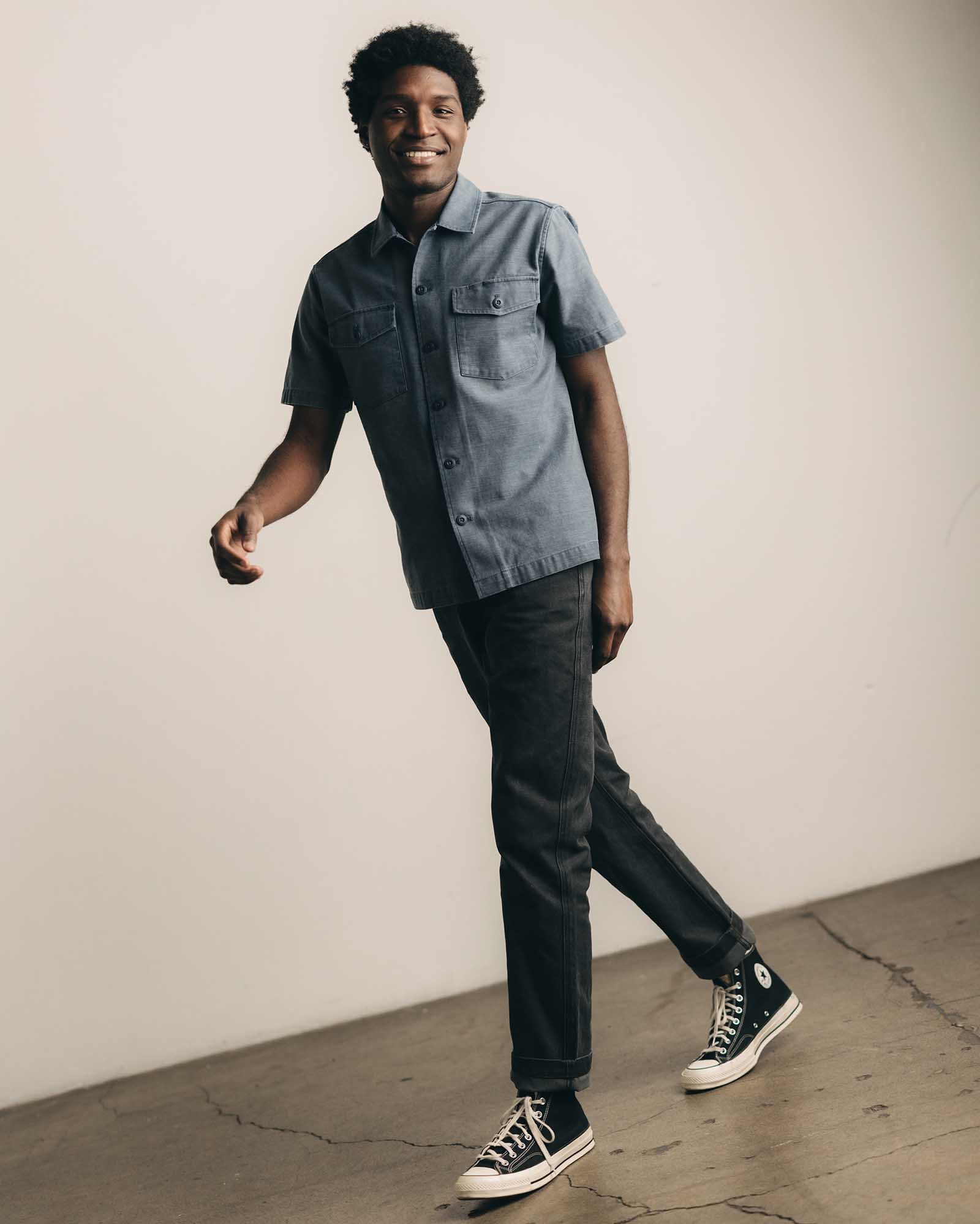 The Short Sleeve Surplus Shirt in Navy Reverse Sateen