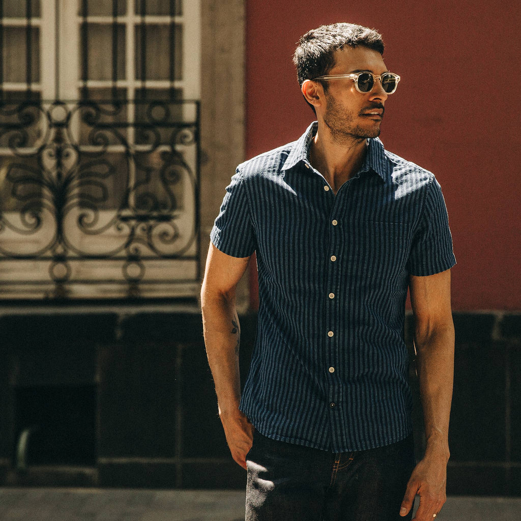 Indigo Jacquard Stripe Short Sleeve Shirt E3129