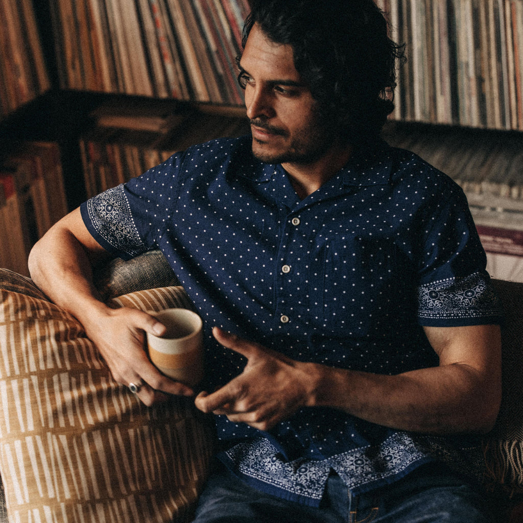 Indigo Star Dot Border Short Sleeve Shirt U866