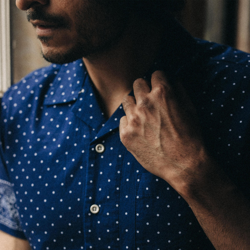 Indigo Star Dot Border Short Sleeve Shirt U866