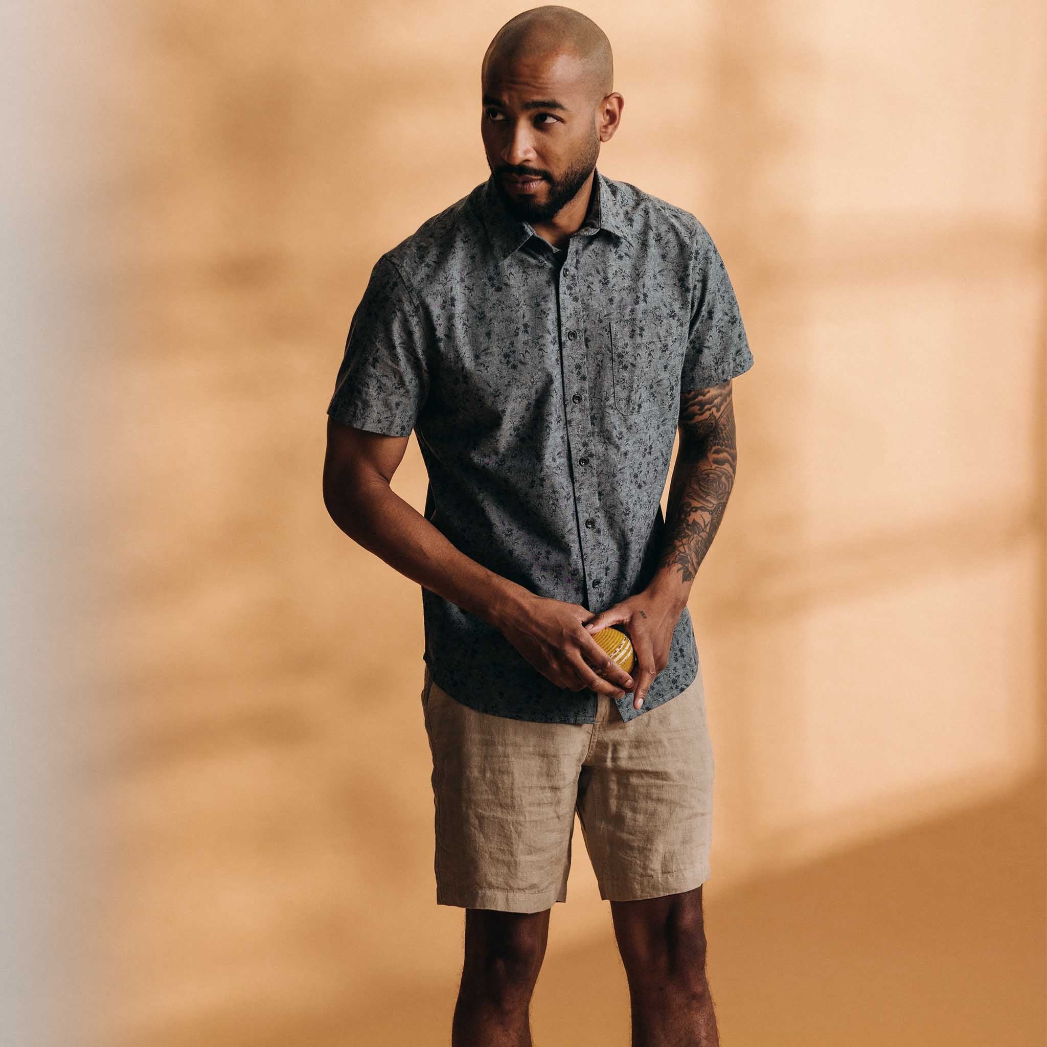 Blue Chambray Botanical Short Sleeve Shirt L90151