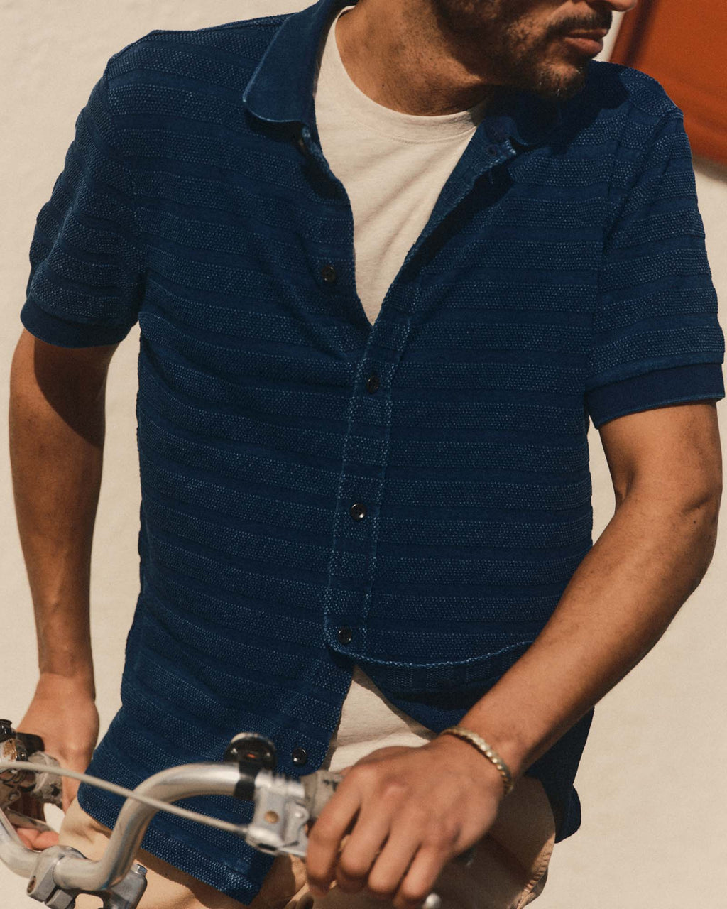 Polo in Rinsed Indigo Knit Stripe W684