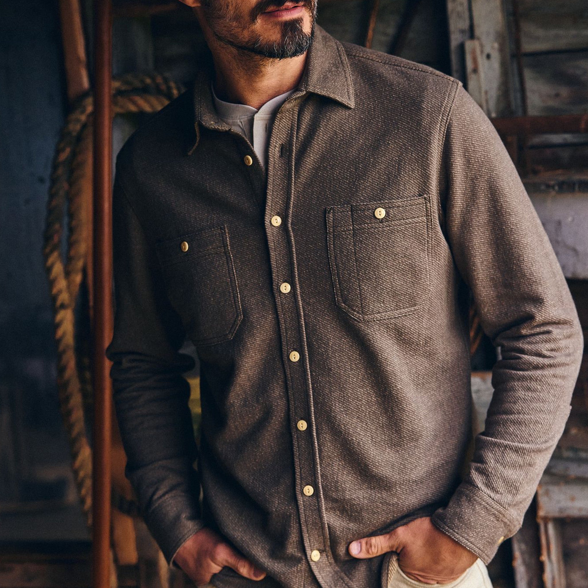 Utility Shirt in Fatigue Olive French Terry Twill Knit T261647