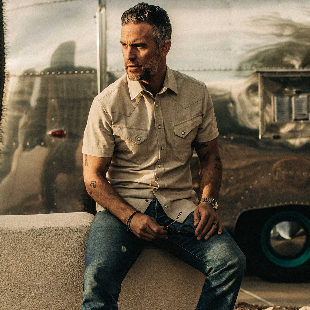 Natural Herringbone Short Sleeve Western Shirt D297