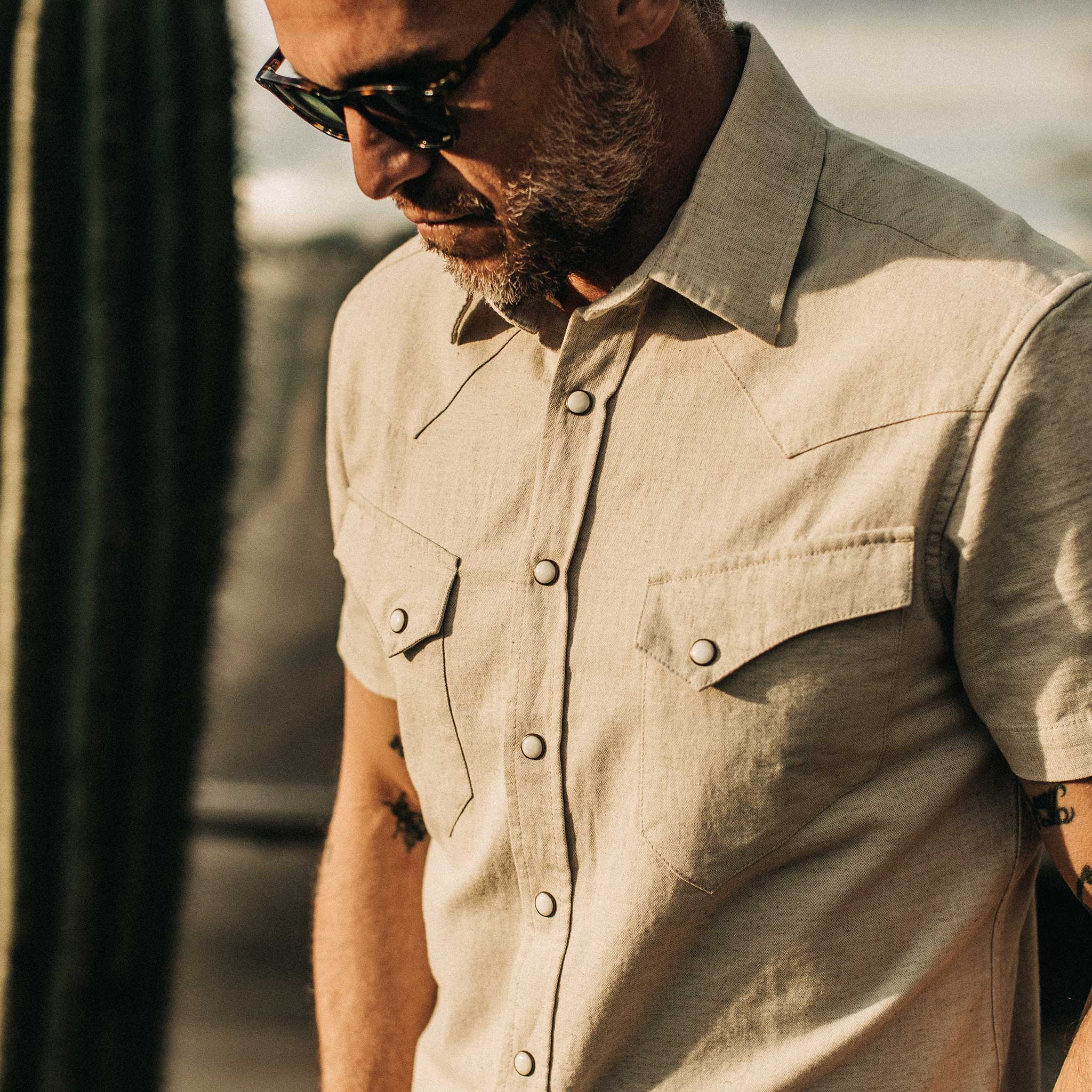 Natural Herringbone Short Sleeve Western Shirt D297