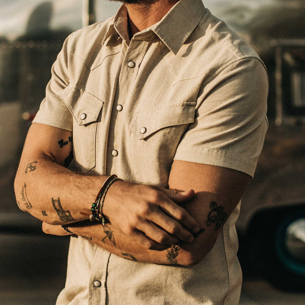 Natural Herringbone Short Sleeve Western Shirt D297