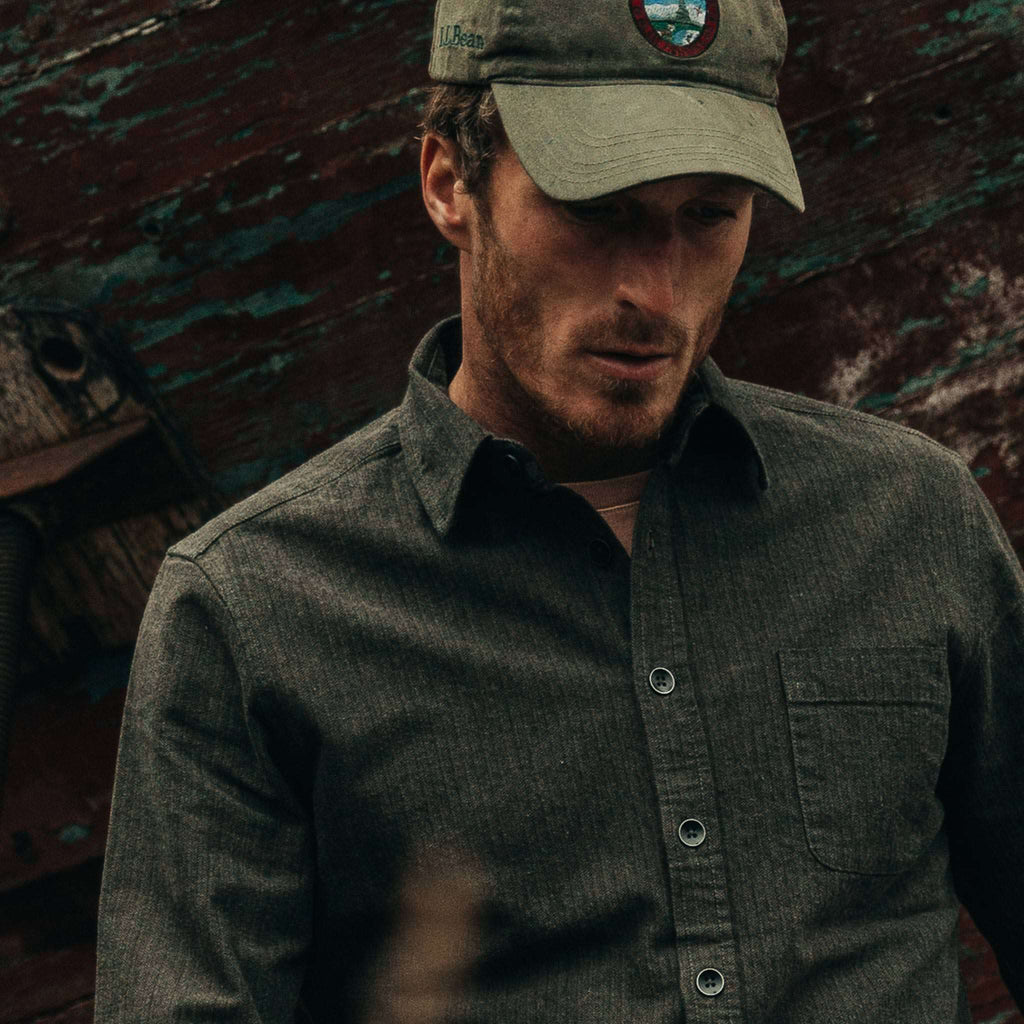 The Mechanic Shirt in Dark Olive Herringbone