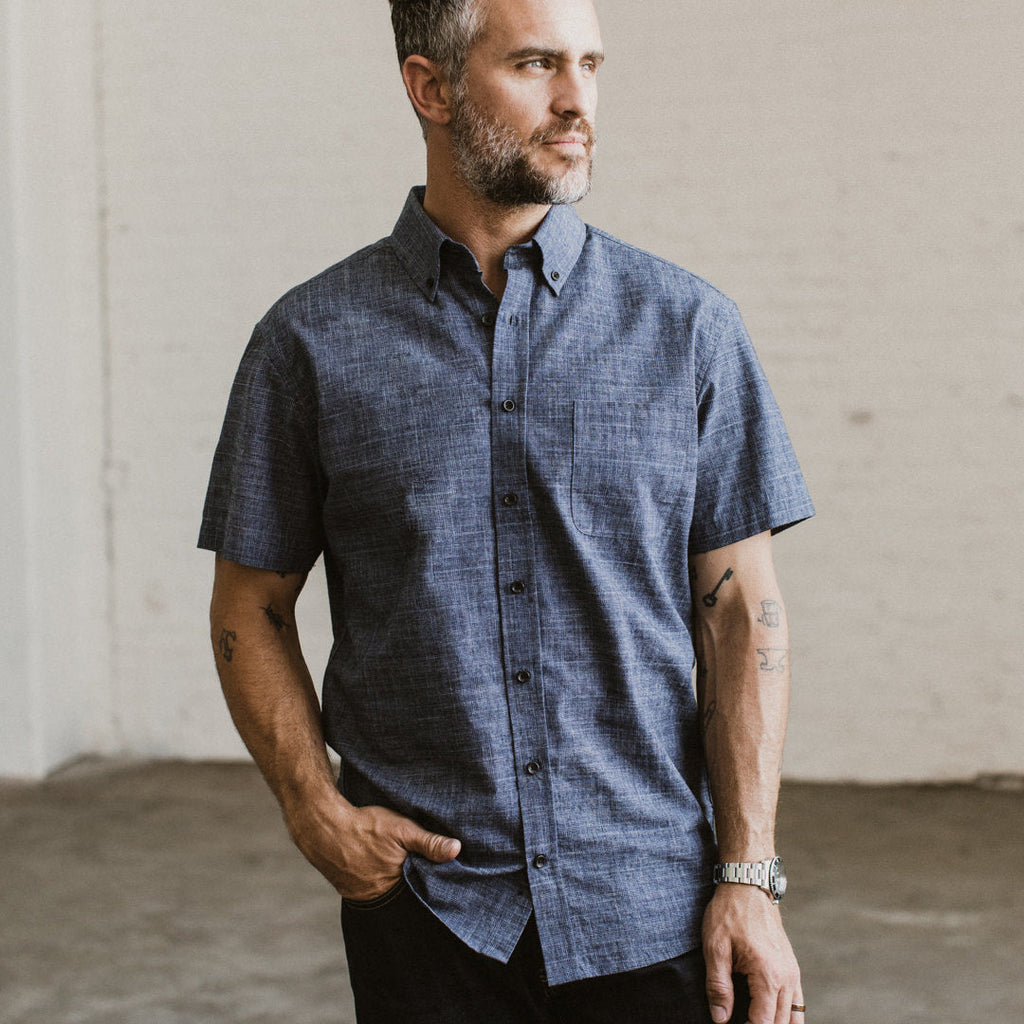 The Short Sleeve Jack in Navy Slub Glen Plaid