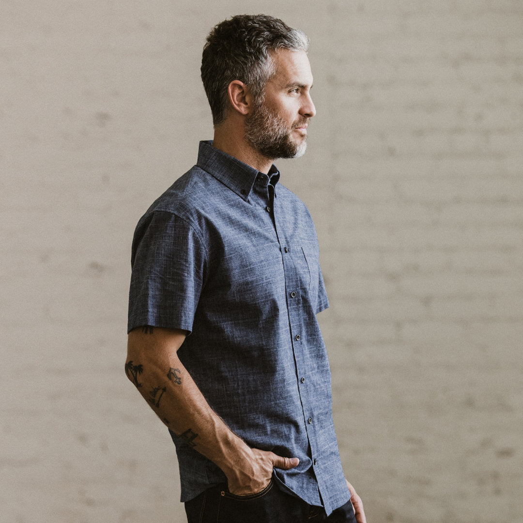 The Short Sleeve Jack in Navy Slub Glen Plaid