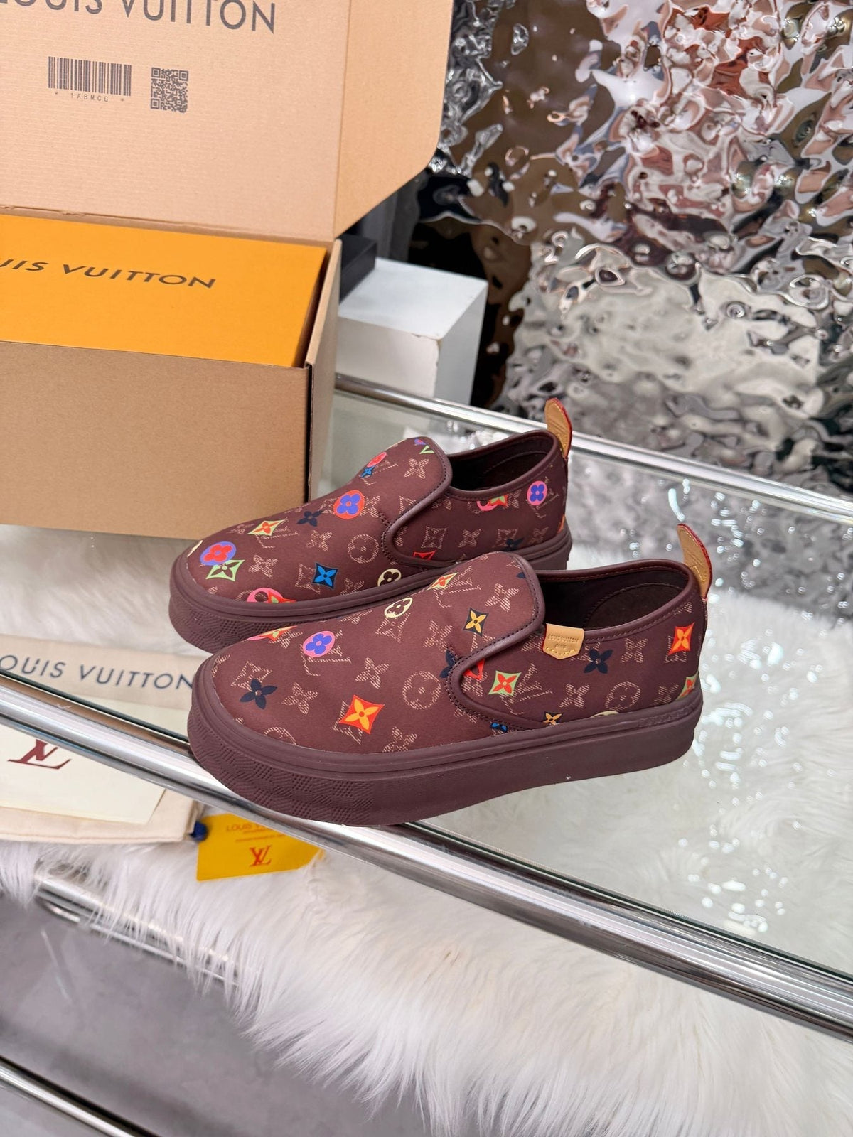 Louis Vuitton Men's Dark Brown Multicolor Motif Slip-On Shoes