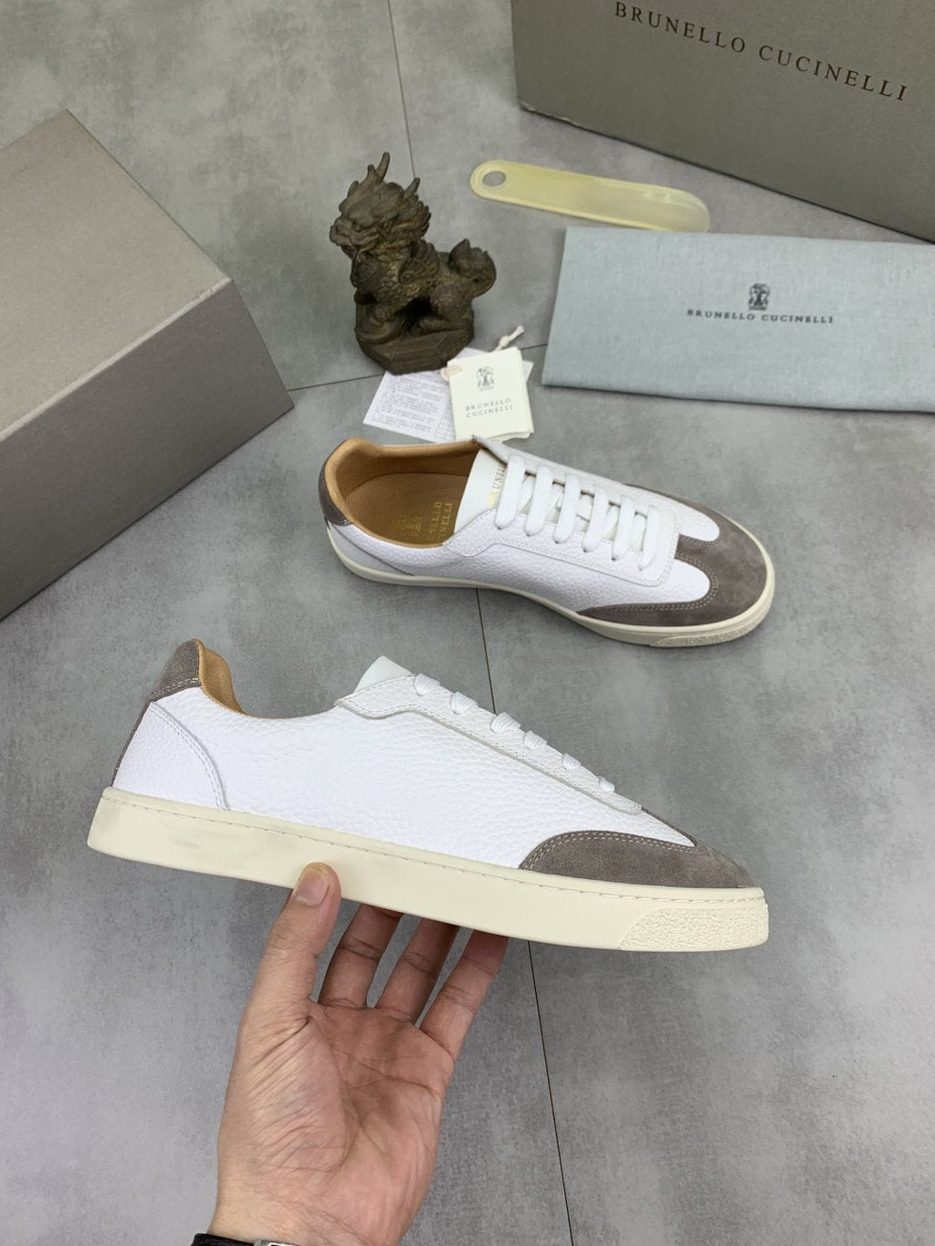 Brunello Cucinelli White and Taupe Low-Top Sneakers